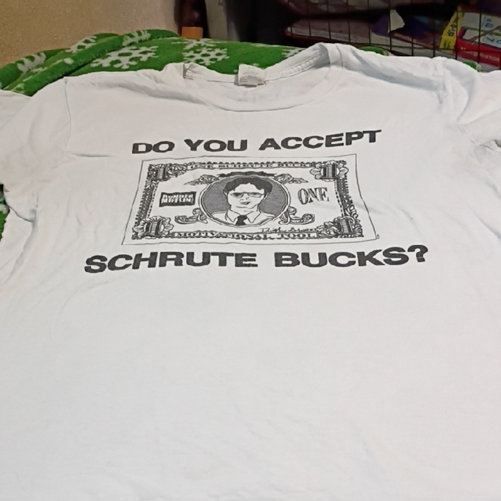 White Graphic T-Shirt with Schrute Bucks Design